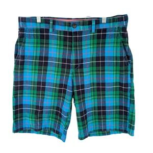 IZOD Mens 33 Plaid Shorts Blue Green Black Tartan Flat Front Cotton Casual Golf